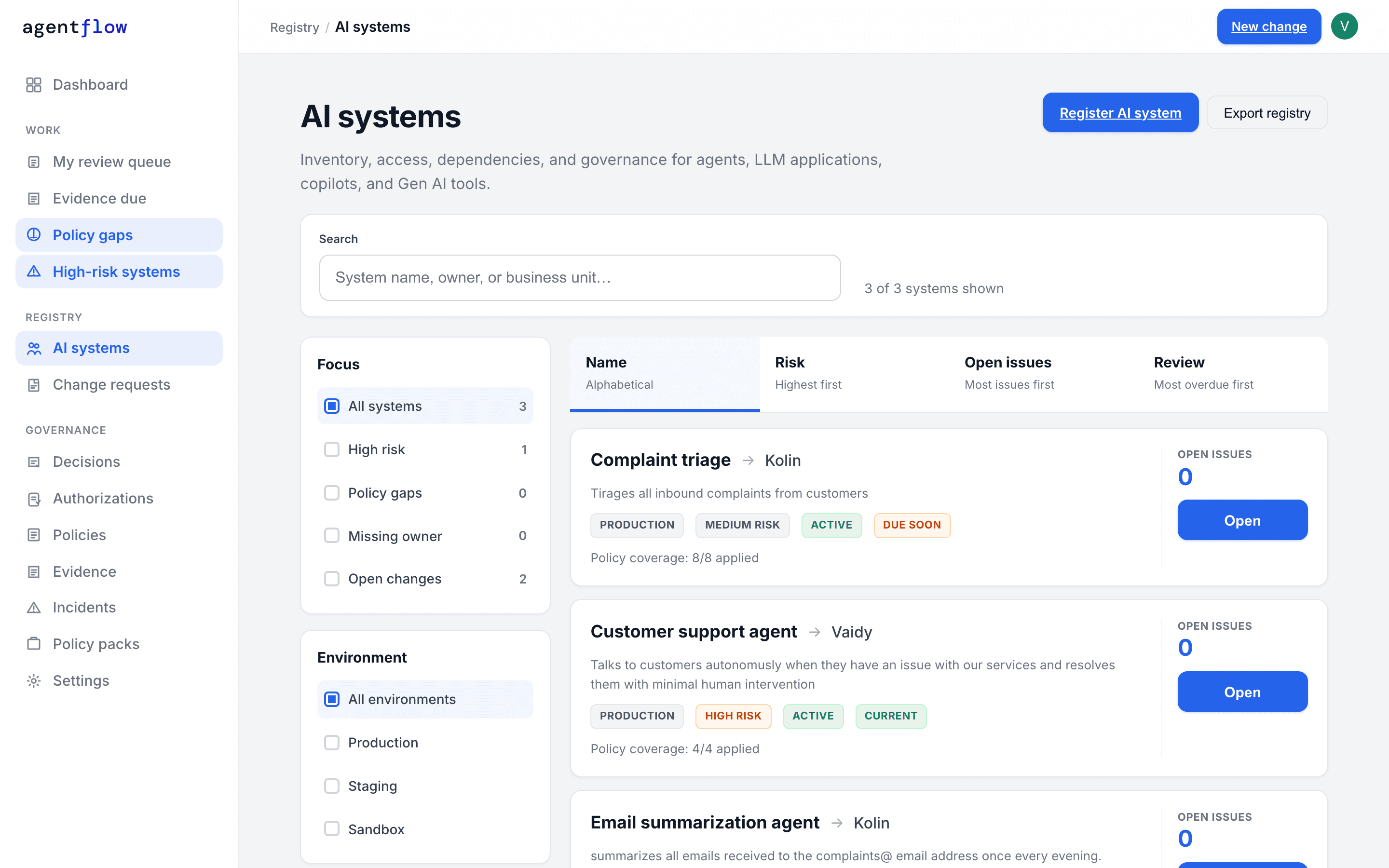 Agent registry with risk tiers and ownership