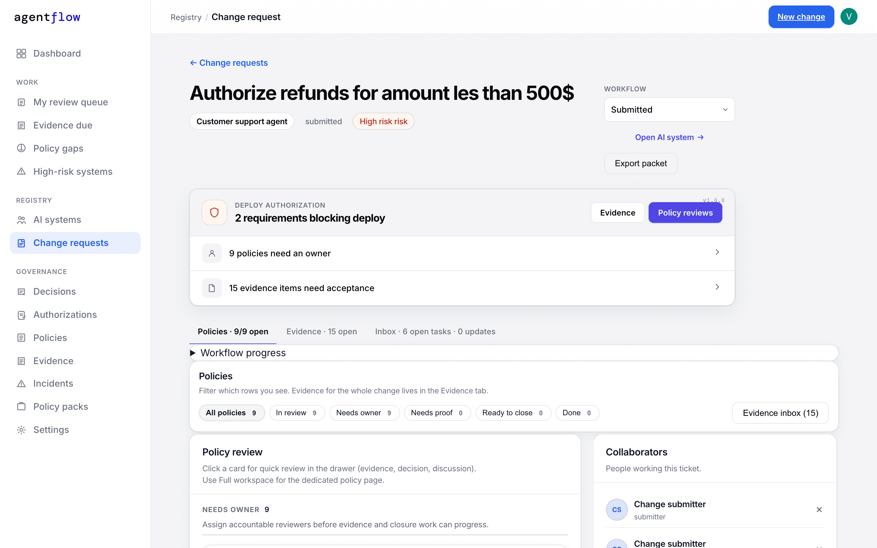 Change request review and deploy authorization